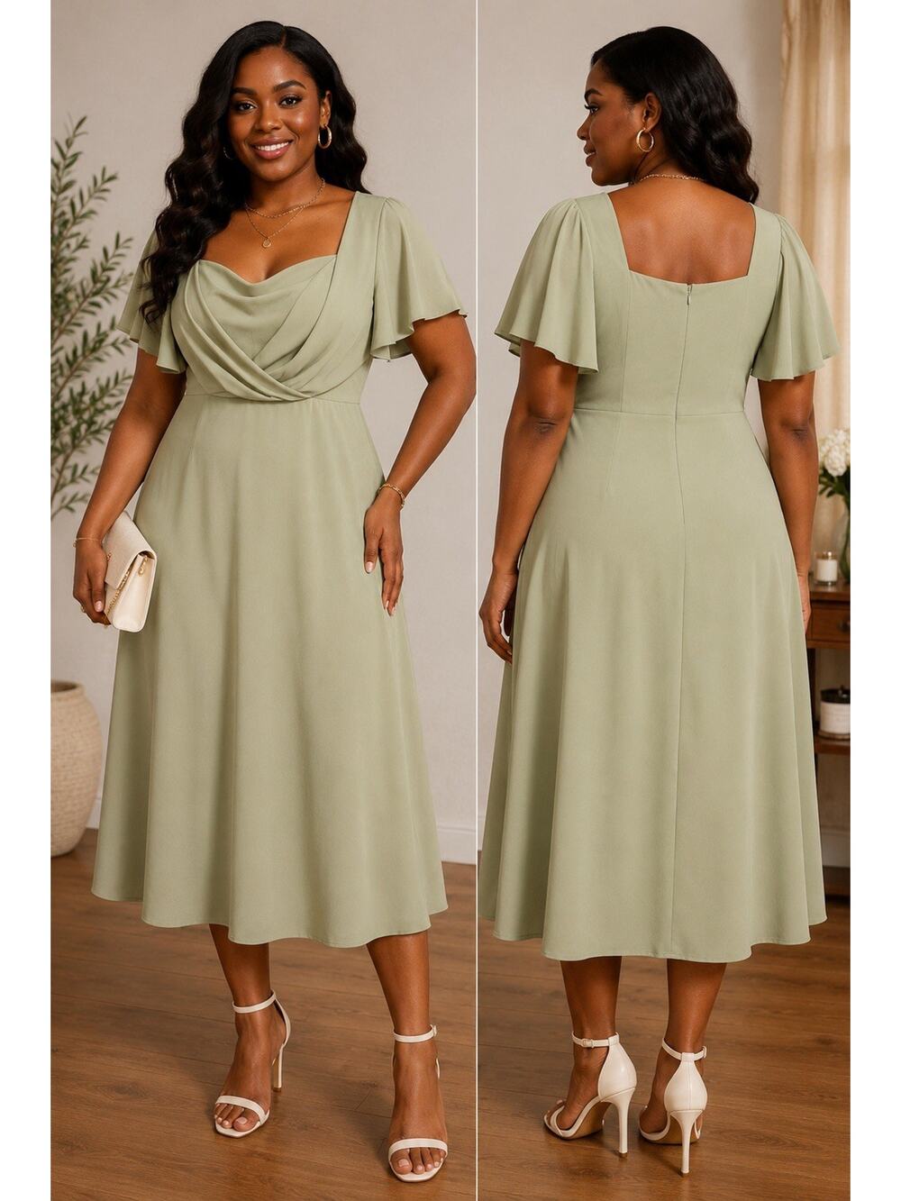 SHEIN Curve Plus Size 2XL Sage Green Flutter Sleeve Midi Dress